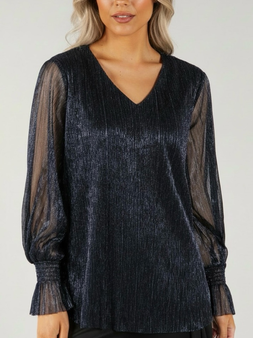 NWT CECE Navy Metallic Shimmer V-Neck Sheer Long Sleeve Blouse Size Large